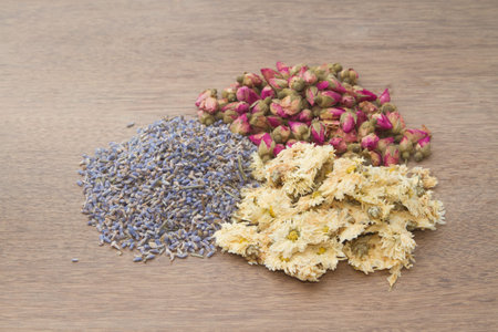 Flowers tea collection on  wooden background