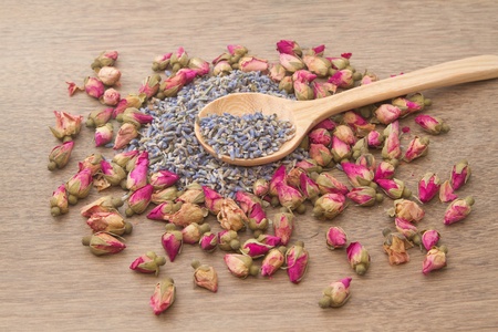 Flower tea, rose buds and Lavender wentの写真素材