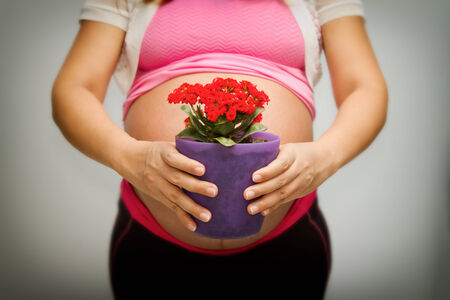pregnancy woman giving a flower potの写真素材