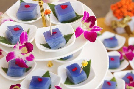 Thai butterfly Pea layer pudding  cake ,thai dessert ready to partyの写真素材