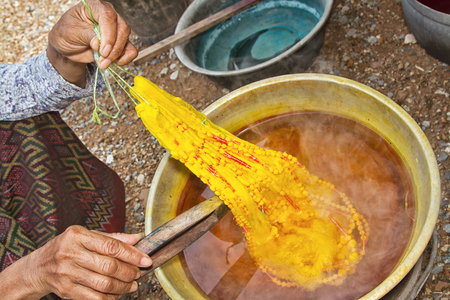 Dyeing silk  Using traditional natural materialsの写真素材