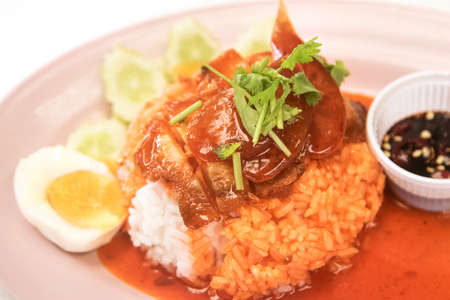 BBQ pork and crispy pork with riceの写真素材