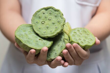 handful of dried lotus seedsの写真素材