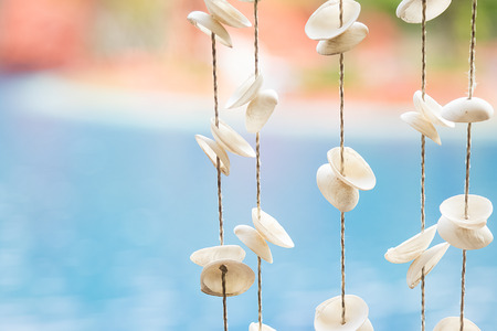 Sea shells curtain on the sea backgroundの写真素材