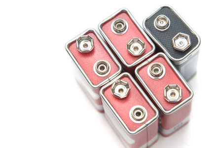 9 V batteries in perspective closeup view on white background