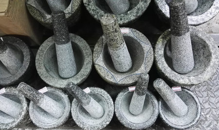 Stone mortars in marketの写真素材