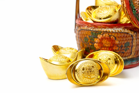 Chinese new year festival decorations , the chinese character on the gold ingots means fortune and luckの写真素材