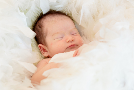 Newborn baby girl is sleeping on fur blanketの写真素材