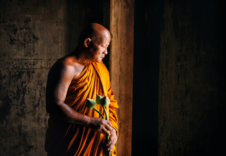 Buddhist monk hold lotus flower and standing in the templeの写真素材