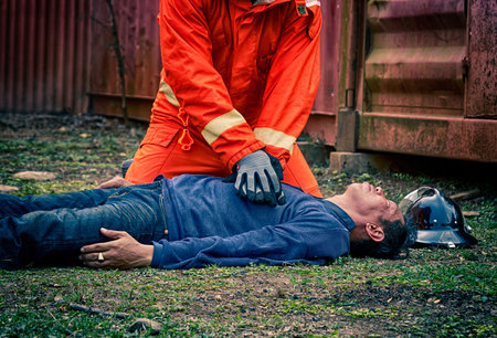 Emergency Fire Rescue training, Firefighters save unconscious man from burnt place 