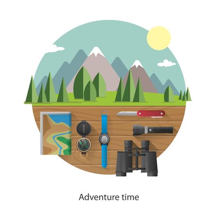 Set of camping equipment. Mountain summer landscape. Flat design vector illustration.の写真素材