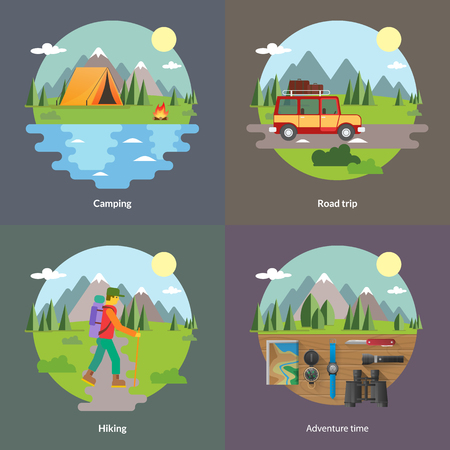 Best trips and camping for unforgettable journey 4 flat square icons composition banner abstract isolated vector illustrationの写真素材
