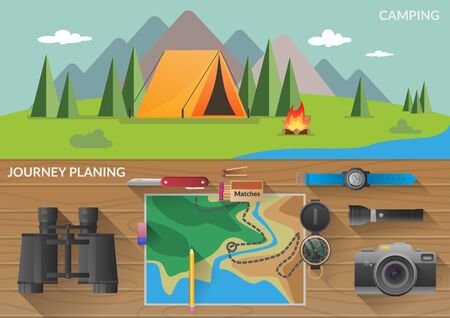 Hiking flat horizontal banners with journey planning. Travelers and camping vector illustrationの写真素材