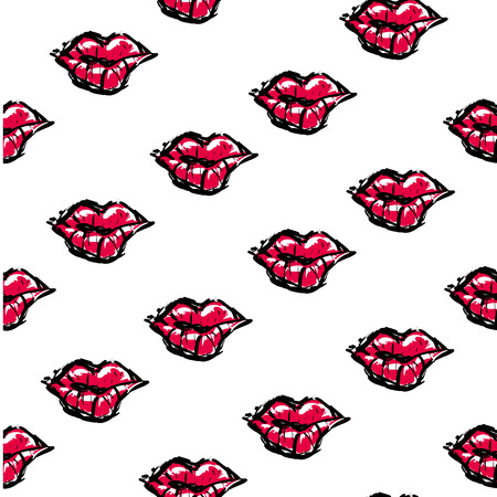 Vector fashion sketch. Hand drawn graphic kiss, red lip, lip, eye. Contrasty glamour fashion seamless pattern. Isolated elements on white backgroundの写真素材