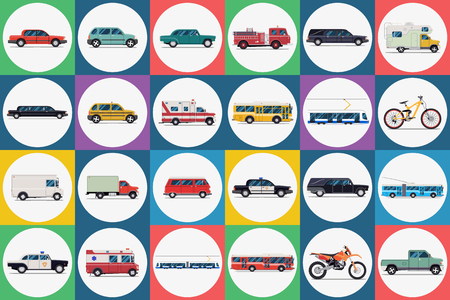 City transport set. taxi bus subway train car bike moped motorcycle truck ambulance.のイラスト素材
