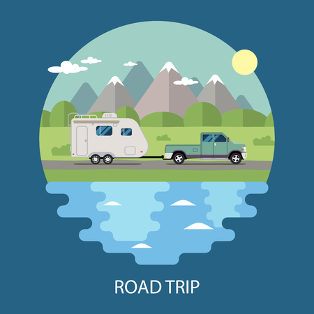 Road trip flat design. Nature landscape illustrationのイラスト素材
