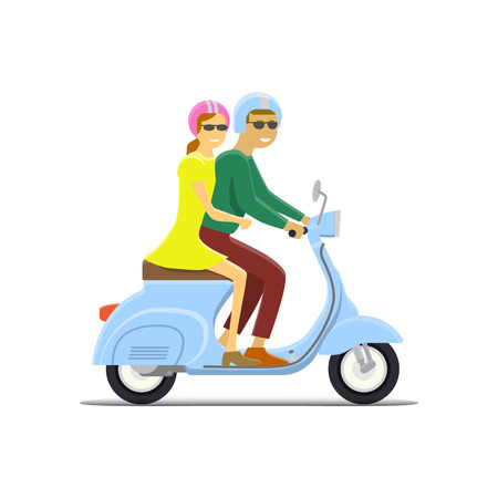 Moped Flat vector illustration. Boy and girl. Retro designのイラスト素材