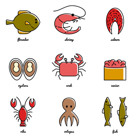 Line art Sea food icon set. Isolated illustrations. Infographic elementsのイラスト素材