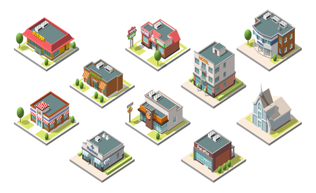 Vector isometric buildings set. Isolated on white backgroundのイラスト素材