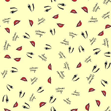 Women make up and beauty products fashion seamless pattern cosmetic, lipstick. Contour vector illustrationのイラスト素材