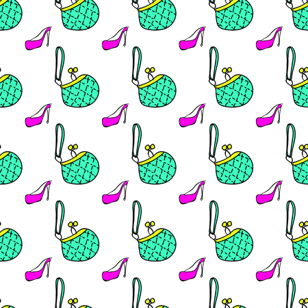 Beauty products fashion seamless pattern bag, shoe. Contour vector illustration.のイラスト素材