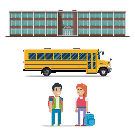 school bus and schoolchild vector flat illustration on white backgroundのイラスト素材