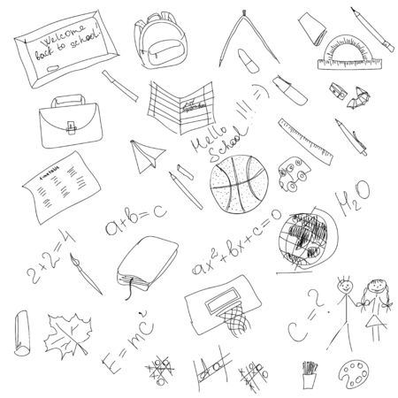 Black and white school doodle, elements hand drawing, vector cartoon illustrationの写真素材