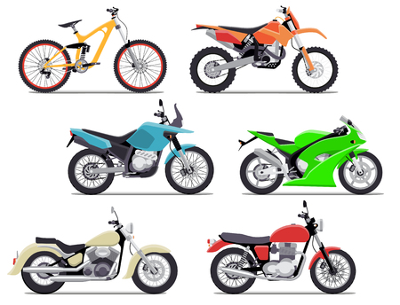 Bike and motorbike flat vector illustration set. Isolation on white background. Flat vector illustrationのイラスト素材