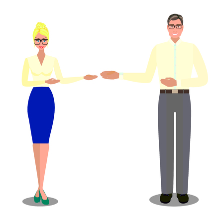 Flat vector isolated illustration business people, male and famel on white background near board with graph, with pointerのイラスト素材