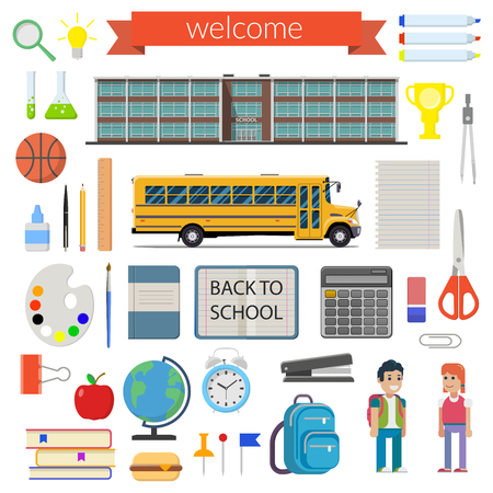 School student stationery supplies set. vector illustration. Isolated on white backgroundのイラスト素材
