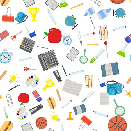 Different school objects in good seamless pattern. Flat vector illustration background.の写真素材