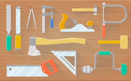 A set of carpenter s tools on a wooden table. Plane saws hammer drill chiselsのイラスト素材