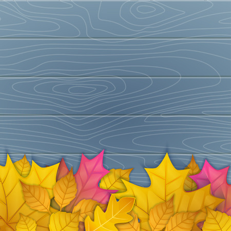 Illustration of autumn leaves on wooden blue background. top viewのイラスト素材