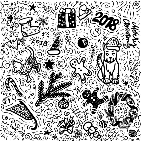 Simple Christmas black and white hand drawing. Background doodle vector illustration set of made in unique style. Holiday, celebrate, tree, ginger bread men, man, dogs.のイラスト素材