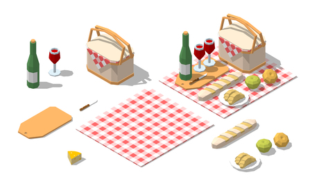 Isometric low poly picnic food set. Vector illustrationのイラスト素材
