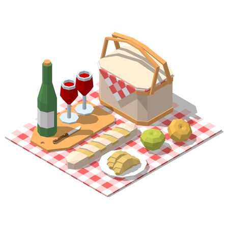 Isometric low poly picnic food set. Vector illustrationのイラスト素材