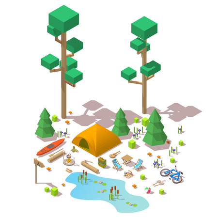 Vector isometric 3d low poly elements in the camping siteのイラスト素材