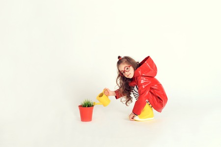 Serious little girl is watering grassの写真素材