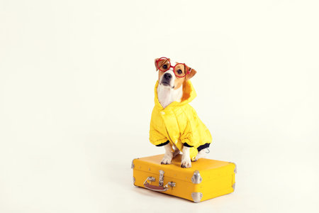 Well-dressed dog is sitting on suitcaseの写真素材