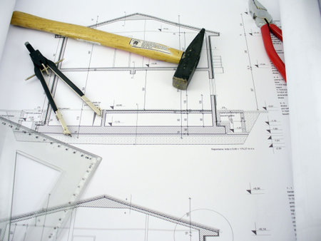house plans with tools,hammer,clamps and compass