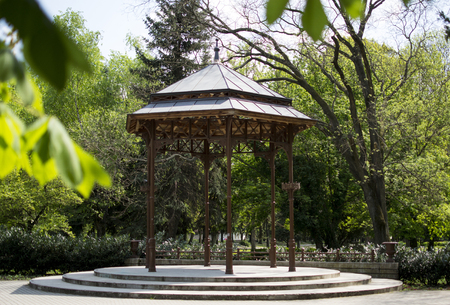 Wood and steel park gazebo in eger hungaryの写真素材
