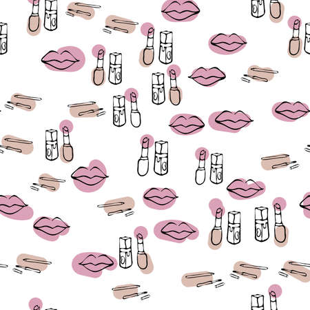 Big set of doodles on cosmetics cream, eye shadow, face powder, brush, foundation cream, mascara on a white background patternのイラスト素材