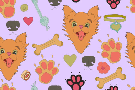 cartoon funny puppies different breeds, loyal and friendly pets, domestic animals with pedigree. flat vector seamless patternのイラスト素材