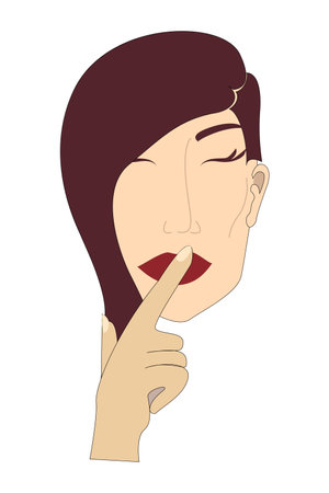 Beautiful woman saying hush be quiet with finger on lips gesture. Flat vector secret girl. Female silent gesture with finger. vector illustration hand drawn. line art.のイラスト素材