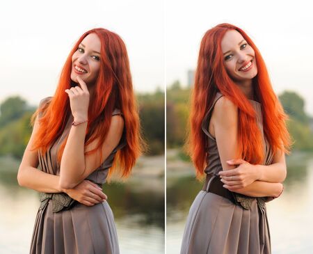 Outdoors portrait of beautiful young woman with red hair colorful autumn in riverの写真素材