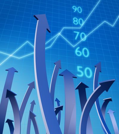 Arrows pointing up with graph and number at background 3d illustrationの写真素材