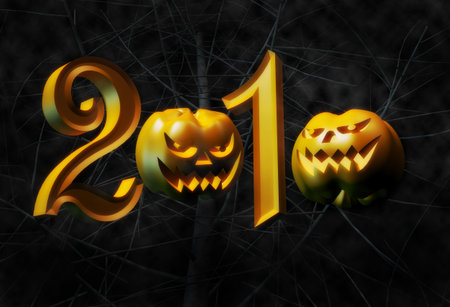 Year 2010 halloween two pumpkin replace zero with tree branches background 3d illustration