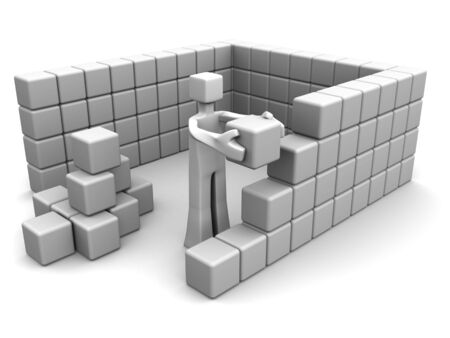 Man placing a brick to build a house 3d illustrationの写真素材