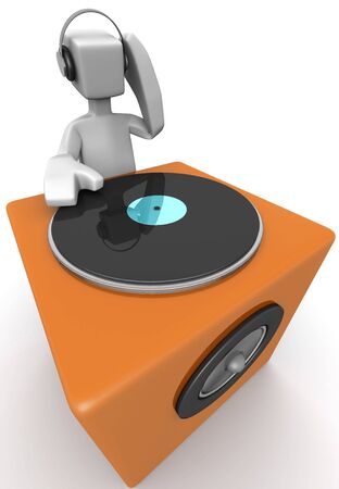 DJ mixing music and a big orange speaker 3d illustrationの写真素材