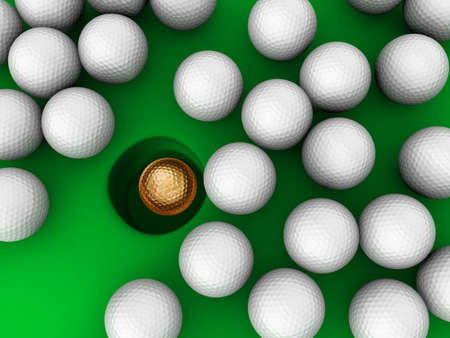 Golden Golf ball in cup surrounded by golf ball 3d illustrationの写真素材